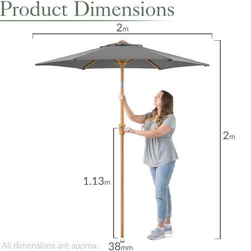 Christow 2M Tilting Garden Parasol With Crank Handle, 38Mm Steel Pole, Wood Effect Finish, Outdoor Sunshade Umbrella, Heavy Duty Polyester, UV30+ Sun Protection, Water Resistant, Air Vent (Grey) - 6