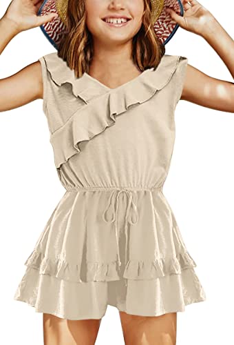 Image of Haloumoning Girls' Jumpsuit Ruffle Hem Loose Fit Sleeveless Romper Kids Summer Casual Shorts with Pockets Jumpsuit, beige, 4-6 Years