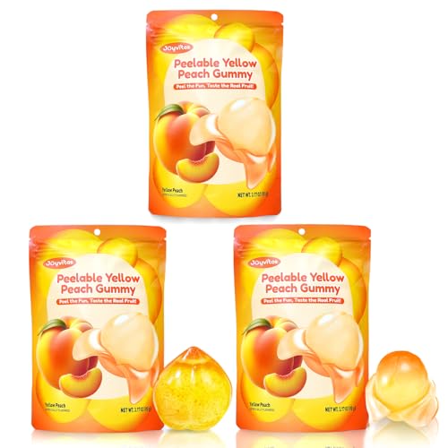 Peelable Gummy Yellow Peach Candy – Individually Wrapped Tropical Peeling Gummies Variety Pack, Low Sugar & Low Calorie, Perfect New Year Treats & Celebration Bites, Resealable Snacks (3 Pack, 9.53oz Yellow Peach)