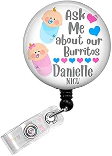 PERSONALIZED - Ask Me About Our Burritos - Blue & Pink - Labor and Delivery - Button Badge Reel - BR0645