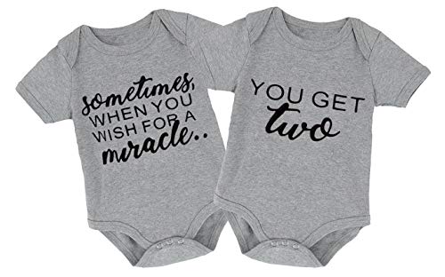 Mini honey 2Pcs Infant Twins Baby Boys Girls Short Sleeve Letter Print Romper Bodysuit Summer Outfit Clothes (0-3 Months, Gray)