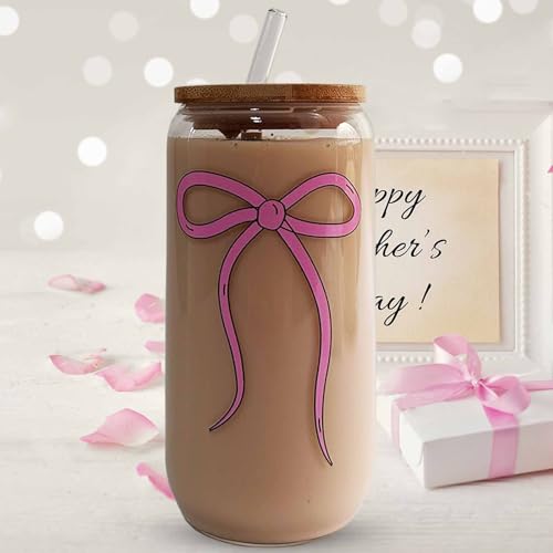 MEOGUTYI Pink Bow Cup, Cute Bow Glass, 16 OZ Glass Cups with Lids and Straws, Coffee Cup, Gift for Her in Graduation Season, Mother's Day, Valentine’s Day, Birthday, Christmas Day — view 3