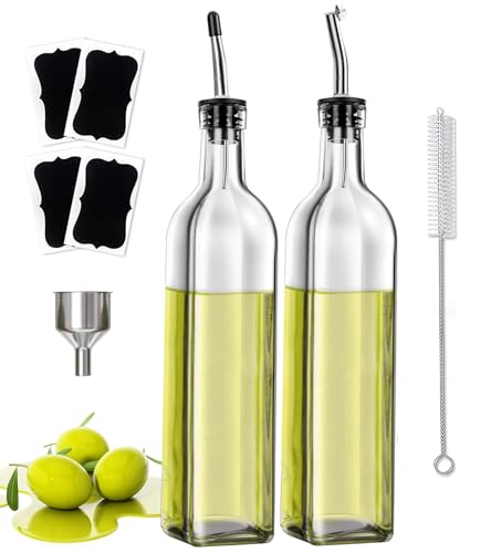 Showvigor Olive Oil Bottle & Vinegar Dispenser Set, 500ML Lead-Free Glass with 2 Nozzles, Funnel, Brush, Labels | Kitchen Gift Set for Cooking & Salad Dressing(2-Pack)