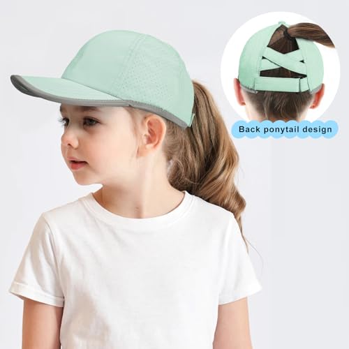 Girls Criss Cross Ponytail Baseball Cap Reflective Quick Dry Hat Kids Cooling Mesh Outdoor Sports Hat for Age 3-123
