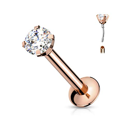 Tata Gisèle Piercing Labret Monroe en Acier Chirurgical 316L - Zircon Transparent Serti sur Tige Une d'acier Push in sur Goujon à Dos Plat - (Or Rosé/Transparent, 6)