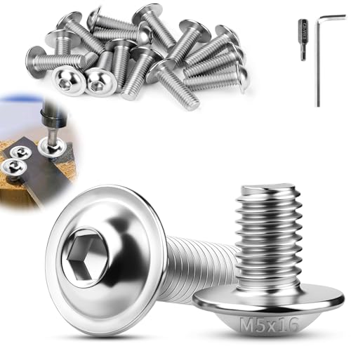 TXXATX M5 Bolts, M5x16 mm Flanged Button Head Socket Cap Screws, 30 Pcs Pan Head Screws, 304 Stainless Steel Bolts with Allen Key & Bit for Furniture, Motorbike Fairings, Outdoor Garden & 3D Printers