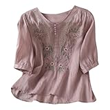 Flowy Bohemian Tunics for Women Linen Tops for Women Embroidered 3/4 Sleeve Bohemian Peasant Shirts V Neck Boho Spring 2026 Gauze Cotton Blouse Flowy Mexican Tunic Purple