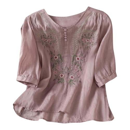 Embroidered Tops for Women Peasant Blouses Bohemian Linen Mexican Shirts Plus Size Gauze Boho 3/4 Sleeve Cotton Tops Loose Fit Floral Cute Linen Tunics Spring Summer Top 2026 Hemp Clothing Purple