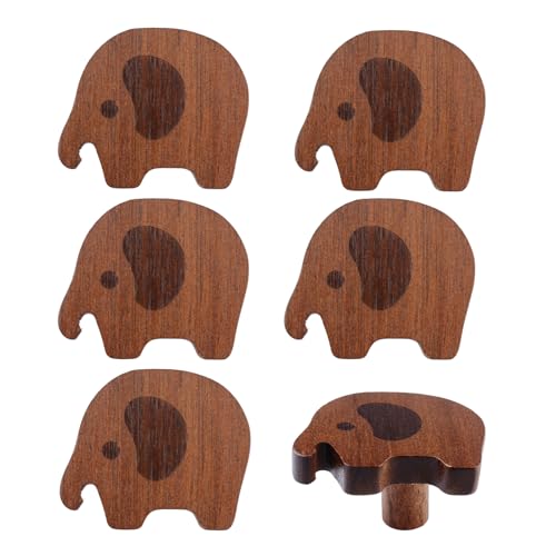 MOROBOR 6PCS Elephant Shaped Wooden Knobs Single Hole Dark Wood Handles Decorative Cupboard Cabinet Pulls for Chest of Drawers with Screws& Expansion Tube