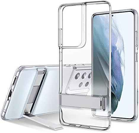 ESR Metal Kickstand Case Compatible with Samsung Galaxy S21 Ultra (6.8-Inch) (2021), Crystal Clear Slim Silicone, Portrait and Landscape Stand, Clear