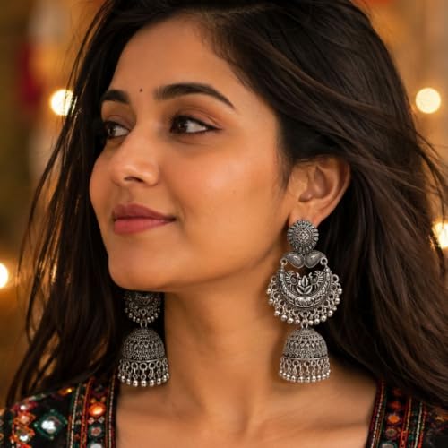 Image of I Jewels Traditional Oxidized Chandbali Jhumka Earrings with Floral and Leaf Motif for Women (E3469OX)