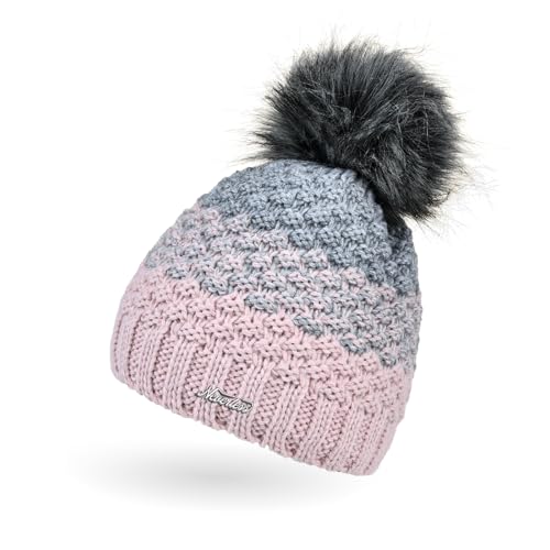 Neverless® Damen Strick-Mütze gefüttert Fleece-Innenfutter Fell-Bommel Kunstfell Winter-Mütze Bommelmütze Grobstrick Mehrfarbig Rosa-grau