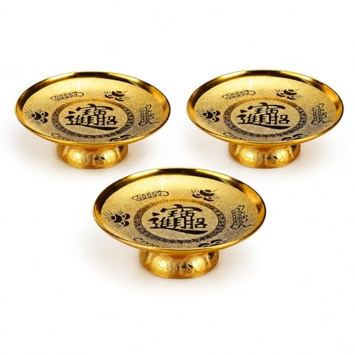 LOGOFUN 3PCS Buddhist Offering Bowls Fruit Plate Set Pedestal Ritual Tribute Display Stand Plastic Worship Plates for Home Shrine Decor - 8 Inch Golden