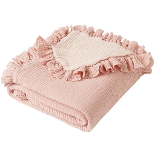 Image of Konssy Flounce Muslin Baby Blanket for Girls Boys, 100% Cotton Soft Crib Swaddle Blankets, Reversible & Breathable Nursery Bedding for Newborns Toddlers, 40 x 36 Inches (Pink)