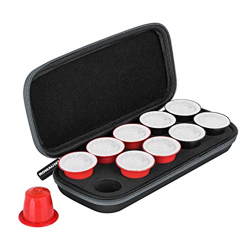 ROMAUNT Travel Carrying Case Compatible with Nespresso OrignalLine Capsules, Accessory for Portable Espresso Maker Protective Coffee Pods Holder with Foam PU Material Hold 10 Podsï¼ˆblackï¼‰