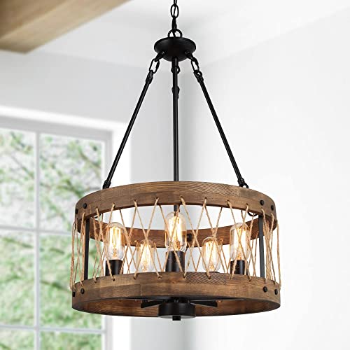 Farmhouse Chandeliers For Dining Room, 5-Light Rustic Drum Dining Room Chandelier Over Table, Wood Chandeliers Hanging Light Fixture For Bedrooms, Living Room, Entryway #TOP15
