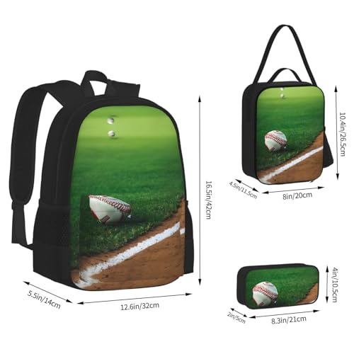 Grass Baseball Softball Print 3 Piece Set Backpack, Lunch Bag, Pencil Case, Cute Sturdy For College And Travel4