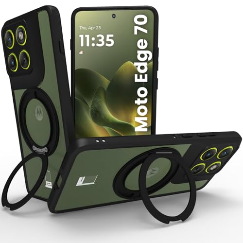 Image of RIGGEAR Shockproof Sleek Hybrid Armor 360 Rotating Magnetic Ring Stand Back Cover Case Compatible with MagSafe Accessories for Motorola Moto Edge 70 5G (Transparent PC and Black TPU Bumper)