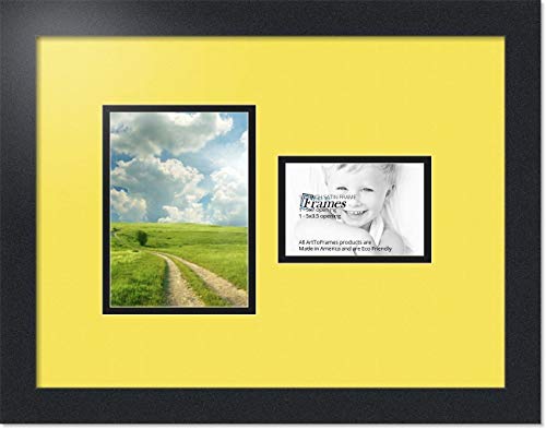 ArtToFrames Collage Photo Frame Double Mat with 1-3.5x5, 5x7 Openings with Satin Black Frame and Canary mat.