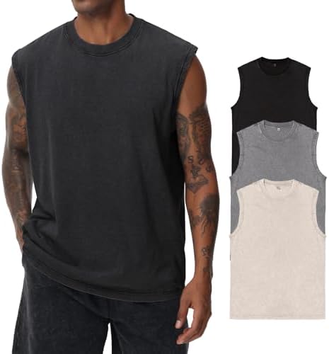 Herren Kurzarm Sommer Ärmelloses Shirt, Männer Fitness ärmellos Weste, Washed Sleeveless t-Shirt, Workout, Fitnessstudio, Baumwolle