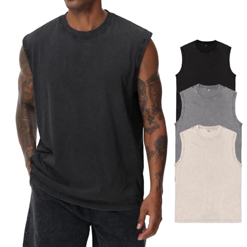 Mens Cotton Sleeveless Tank Tops Cut Off Muscle Gym T Shirts Running Beach Loose Fit Tees(ACGYBK L)