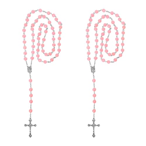 NYTKL 2PCS Car Rosary for Rearview Mirror, Personalized Auto Mirror Decor Rosary & Cross Pendant, Religious Cross Medal Blessing Beads, Interior Rear View Mirrors Charm Auto Decor (Pink)
