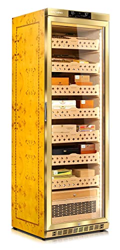 Cigar Climate Control Cabinet, Raching MON3800 Cigar Humidor Cabinet with Ammonia Removal, 370L Wood Frame Cabinet for Cigar Storing&Aging - Gold