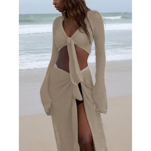Crochet Two Piece Set Coverups Crop V Neck Long Sleeve Shirt Hollow Out Split Wrap Skirt Sexy Beach Sets3
