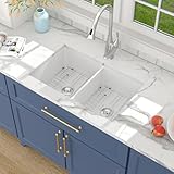 Lordear White Double Bowl Undermount Kitchen Sink 32x19 Inch Two Basin Kitchen Sinks Pure White Fireclay Porcelain Ceramic Sink 32 Inch 50/50