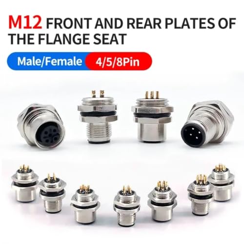 Conector de panel M12 hembra con brida frontal trasera y acoplamiento de rosca 3