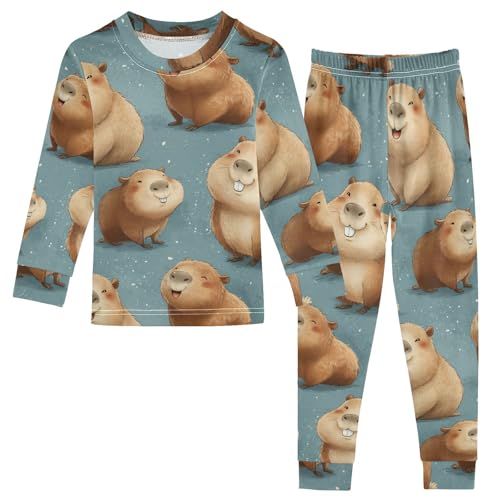 Pajama Sets Long Sleeve Happy Capybara Pattern Print Soft Comfy Sleepwear 2 Piece PJS 3-8T