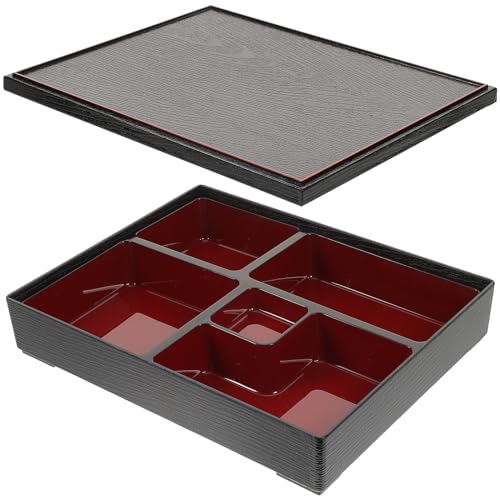 DOITOOL Caja bento de sushi con tapa, bandeja de sushi japonesa para almuerzo, contenedor de alimentos, 30x20x10 cm (cubierta de grano de madera, negro)