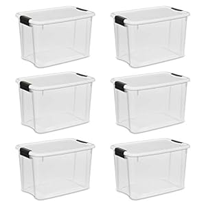Sterilite 19859806, 30 Quart/28 Liter Ultra Latch Box, Clear with a White Lid and Black Latches, 6-Pack