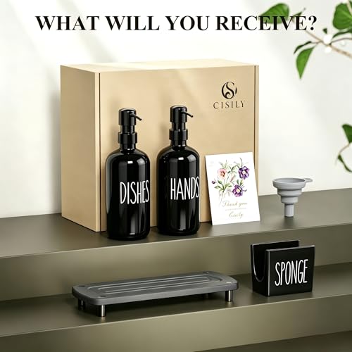 Image of Cisily Black Soap Dispenser Set with Ceramics Sponge Holder, Kitchen Decor | Black Stainless Steel Pumps, Instant Dry Tray