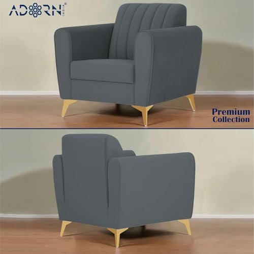 Image of Adorn India Premium Luster 3-1-1 Sofa Set | Velvet Suede Fabric | 3-Year Warranty | Color Dark Grey with Golden Legs & Striped Pattern Cushion