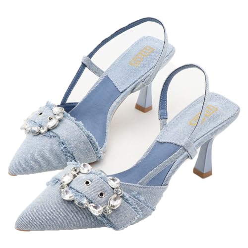 Women's Rhinestones Pointed Toe Denim Kitten Heels Fashion Slip On Slingback Low Heel Dress Mule Pumps for Wedding Party Evening Shoes