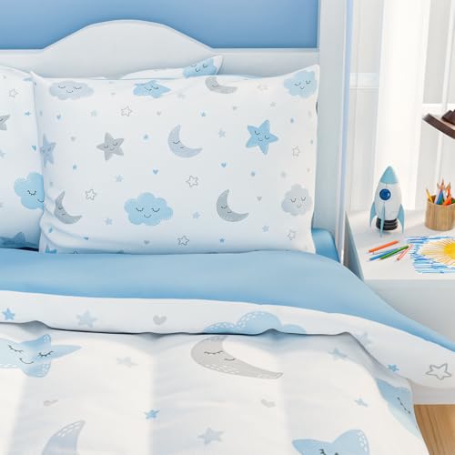 Image of SANDJEST Star and Moon Comforter Set Twin Size 68x86in for Kids Boys Girls Unisex, Microfiber 3 Pcs Bedding Set Includes 1 Comforter, 1 Pillowcase, 1 Fitted Sheet, Nursery Room Decor