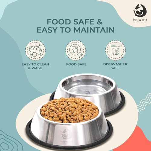 Image of Pet World Feeding Bowl 1450ml | Stainless Steel | for Dogs & Cats | Durable & Lightweight Feel | Scratch and Rust-Free | Non-Slip Ring at The Base | 1450ml (Pack of 1)