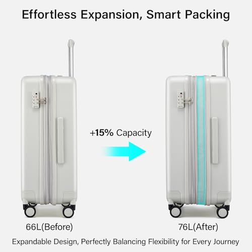 Hanke Expandable 24 Inch Luggage with Spinner Wheels, Hardside Medium Checked luggage, All-PC Hard Shell Suitcase, TSA Lock, Lightweight Checked-Medium (Smoke White, 76L) — view 2