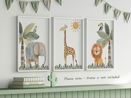 Miniatura 3 de Eviepops Prints Animales Del Safari Set De 3 Láminas Sin Marco Para Habitación De Niño O Niña, Pósters De Arte De Pared Para Decoración De Dormitorio, Elefante León Jirafa, Hojas De La Selva A4