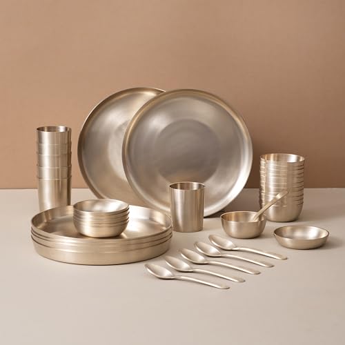 Veda Essentials 36-Piece Pure Kansa Dinner Set for 6 | 100% Lead-Free, Lab-Certified | Matte 10.5 inch Plates, Bowls, Glasses, Sweet Dish Plates & Spoons | Handcrafted Kansa for Dining & Gifting