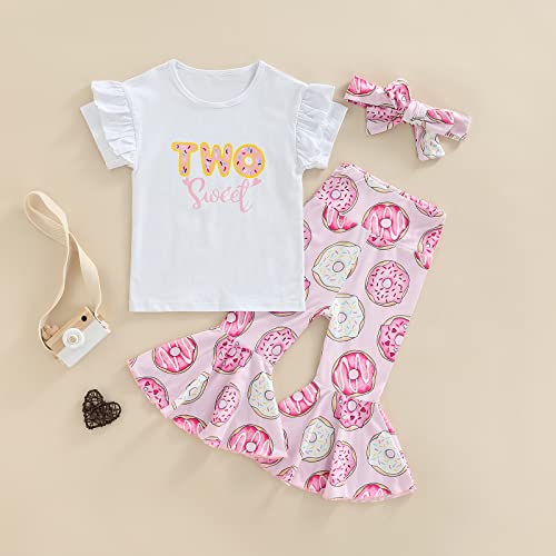 Toddler Baby Girls Birthday Outfits Letter Tassel Shirt Donut Cake Floral Flared Long Pants Headband 3Pcs Summer Set (Donut-Two Sweet 2, 18-24 Months) #TOP1