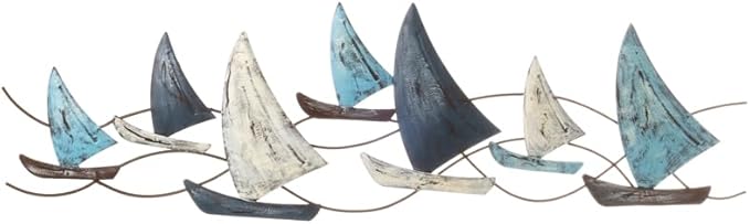 Seaside No.64 – maritimes Wandobjekt in Form von Segelbooten – 7 Kutter/Galeeren in creme, grau und blau aus Metall – Zeitlose Wohndekoration zum Aufhängen in allen Räumen (Segelboote blau groß)