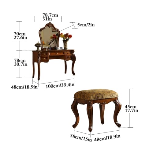 HEBEHO Mid Century Antique Makeup Vanity 39in, European Vintage Brown Makeup Table with 5 Drawers and Mirror, Fabric Upholstered Stool, Bedroom Dressing Table for Women Girls, 100x48x78cm - Thumbnail 3