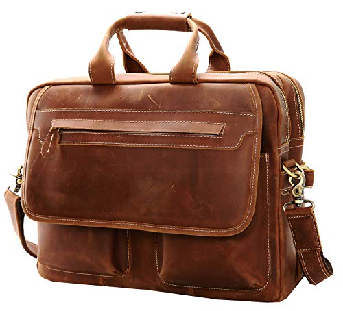 Iswee Leather Briefcase Fit under 16.5" Laptop Tote Shoulder Bag for Men Messenger Satchel Work Case Handbags Crossbody (Light Brown, Large)