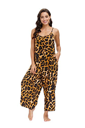 Wexcen Womens Floral Printed Jumpsuits Casual Sleeveless Spaghetti Strap Rompers Wide Leg Pants With Two Pockets (Leopard Print, Xl) #TOP7