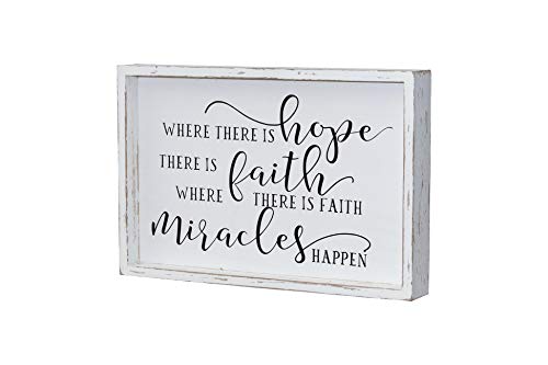 Parisloft Where There is Hope There is Faith Where There is Faith Miracles Happen Wood Wall Framed Sign, White Washed Wood Inspirational Wall Decor