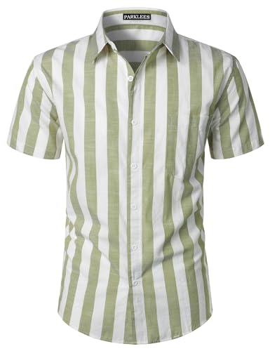 PARKLEES Camisa de verano casual de lino y algodón a rayas para hombre, camisas de manga corta con botones, Verde (Green Striped), Small