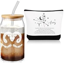 Sliner 2 Set Birthday Aries Gift Women 16 oz Celestial Zodiac Signs Glass Cup with Lids Straws Horoscope Flower Sign Makeup Bag 12 Constellations Zodiac Mothers Nurses Day Gift