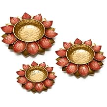 Satvik 3 Pc Designer Red Lotus Petals Shape Metal Urli, Beautiful Flower Floating Bowl with Tea Light Holder, Festival Tealight Living Room Decoration, Designer Home Decoration Ideas